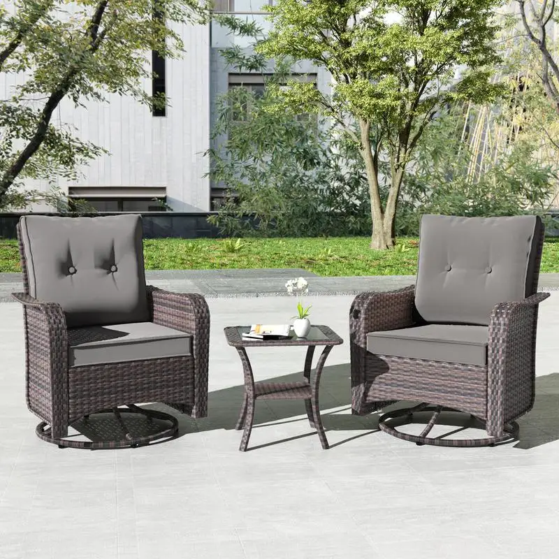 3 Pieces Patio Furniture Set,Outdoor Swivel Rocking Chairs Porch Furniture Patio Rattan Chairs with Table