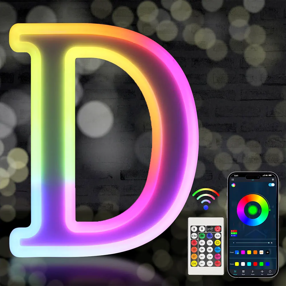 Letters Light Colorful Glitter Alphabet APP Control for Boy Girl Gift Birthday Christmas Bar Wall Table Night Light Decor - D