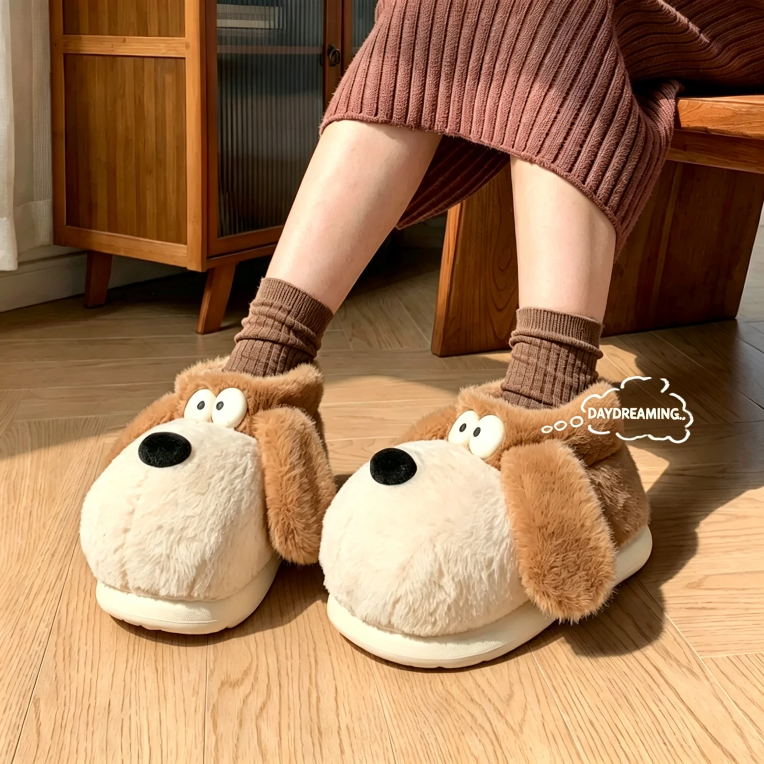Koreanischer Stil, niedliche Welpen-Hausschuhe aus Plüsch, Damen, Winter, warm, mit weicher Sohle, für drinnen, flauschig, rutschfest, Hausschuhe. – Detail 13