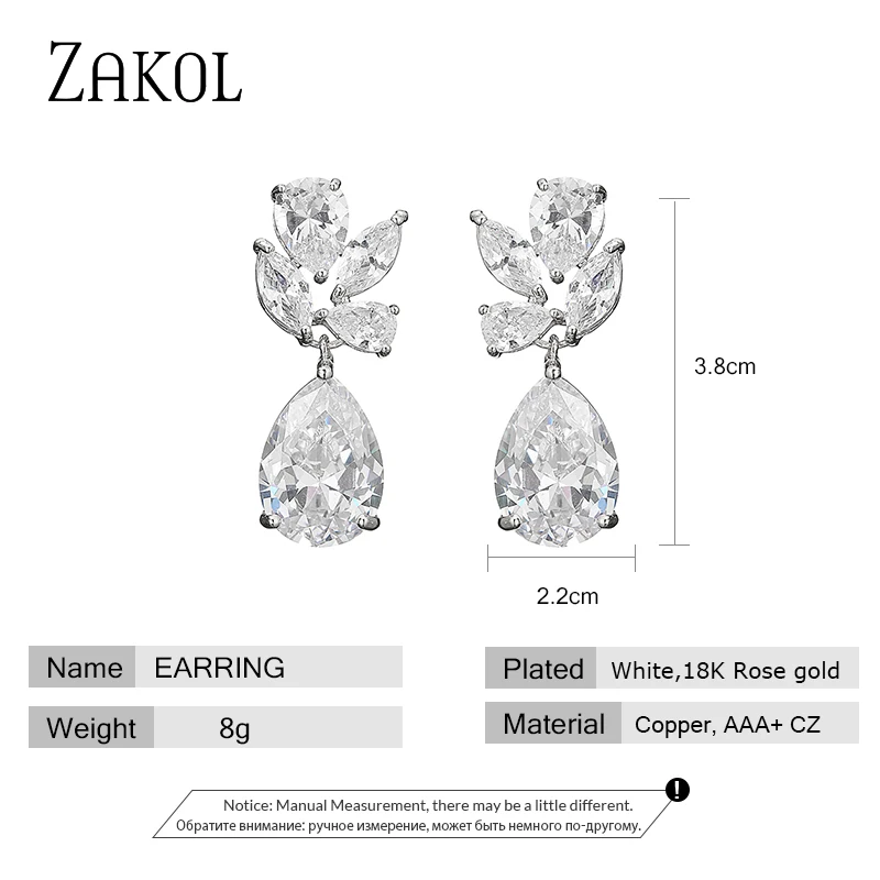 ZAKOL Fashion Water Drop Cubic Zircon Wedding Dangle Earrings Marquise Cut Crystal White Bride Ear Jewelry Gift