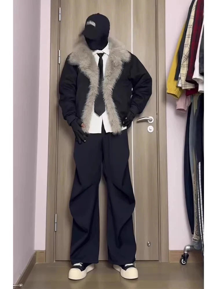 

Bla Pleated Flared Men's Autumn Winter American Vibe Fce Lined Pants Drapey Casual Straight Wide Leg Trousers