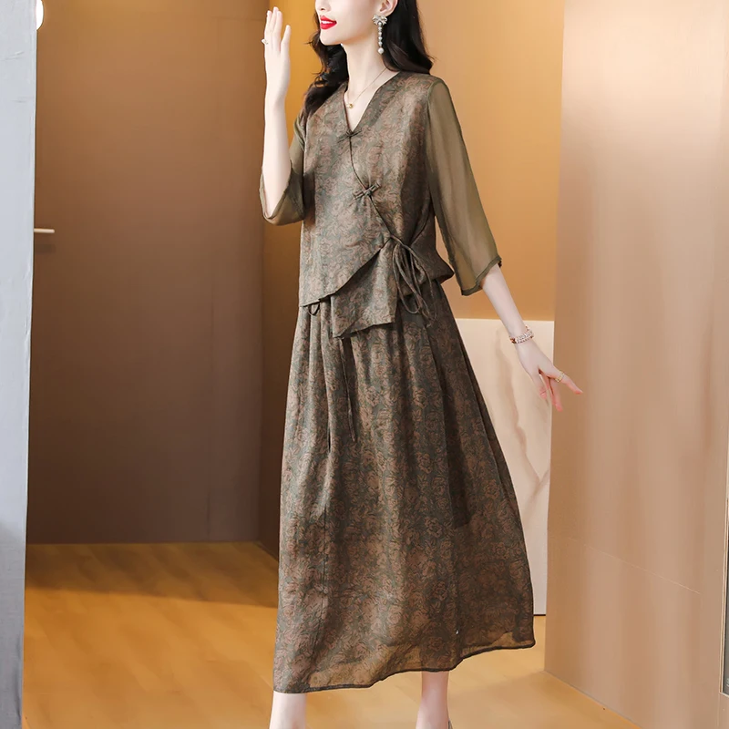 2023 Summer Cotton and Hemp Vintage Printed Long Dress Two Piece Set Lace Up Loose Lace Panel Short Sleeve Top Women\'s Dress Set