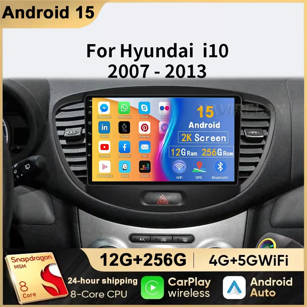 

Автомобильный радиоприемник JMCQ 2 Din для Hyundai i10 2007 2008 2009 2010-2013, стерео мультимедийный плеер, Android 15 4G, GPS-навигация, 2din Carplay