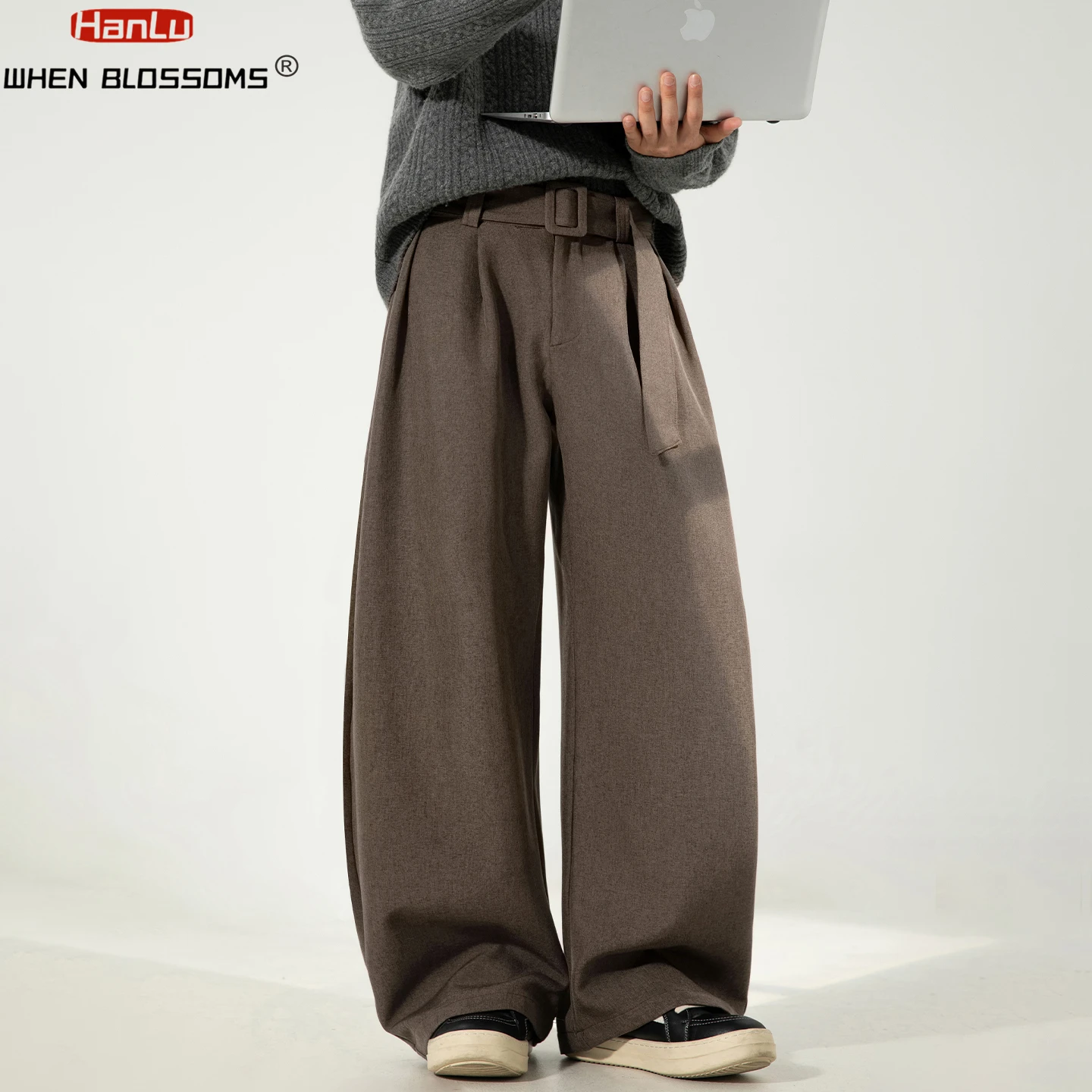 

HANGLU 2025 Men's 3D Pleated Trousers J-Cut Drape Wide Leg Old Money Style Belted Formal Casual Slim Fit Pants