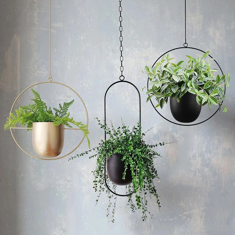 Metal Hanging Flower Pot Nordic Chain Hanging Planter Basket Flower Vase For Home Garden Balcony Decoration Wall Hanging