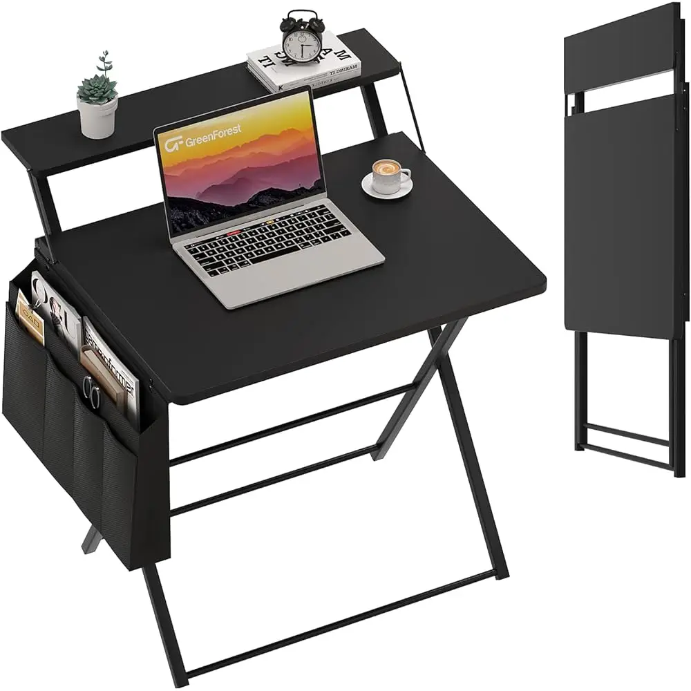 

Folding Desk For Small Spaces, 31.5 H Foldable Table With Storage Bag, 2-Tier Portable Computer Desk With Monitor Stand For