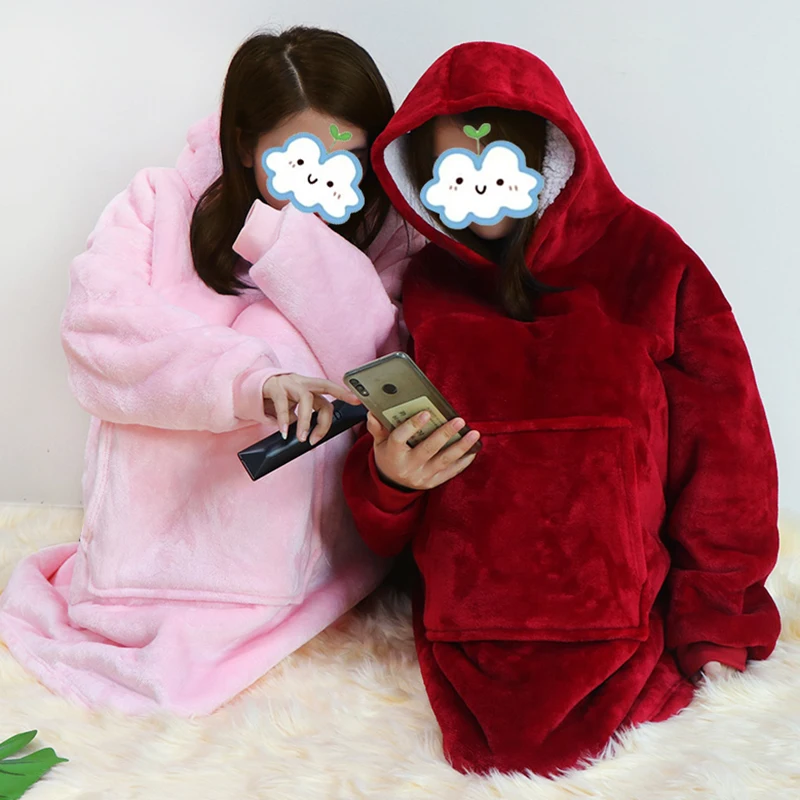 Winter Soft Plush Hooded Fleece Sofa Blanket with Sleeve Wearable Warm Hoodie TV Blanket Loose Wearable Blanket Clothes TV-Decke