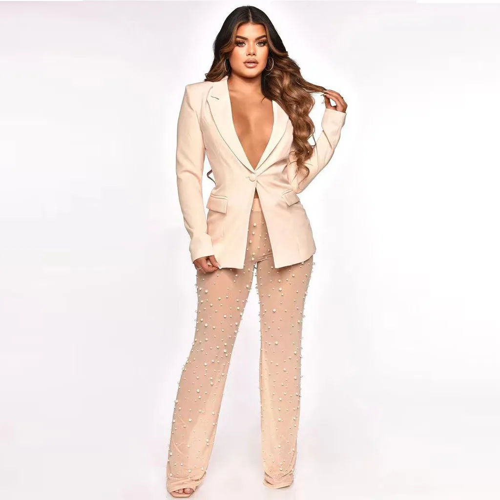 VANHAO Sexy Mesh See Through Two Piece Set Women Outfit 2023 Fashion Nail Bead Long Pants Blazer Sets Wholesale Dropshipping