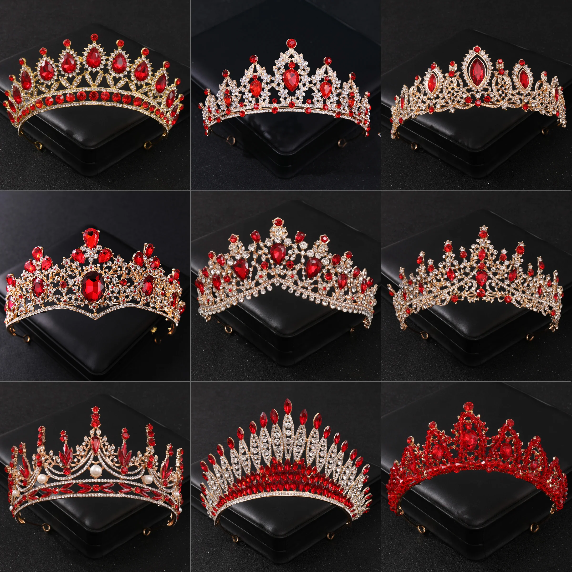 Baroque Red Crystal Bridal Crown Royal Queen tiara Pageant Prom Bride Diadem Princess Wedding Crown Hair Accessories Jewelry