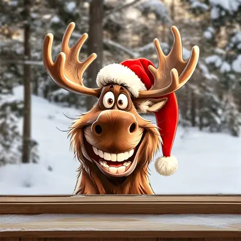 Funny Peeking Xmas Moose Window Sticker, Fluffy Red Santa Hat Realistic Cartoon Moose Print, for Living Room Balcony Bedroom