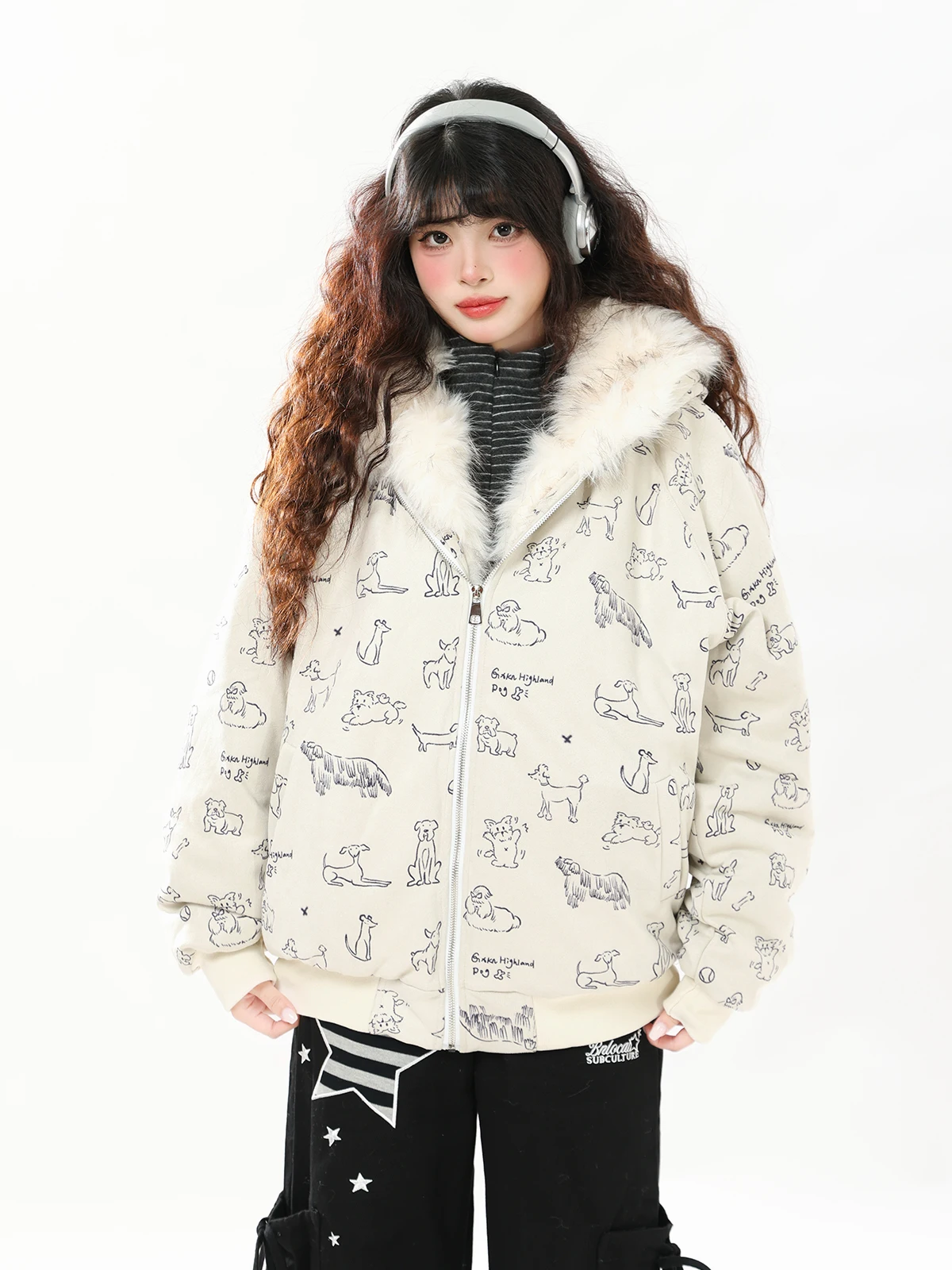 

ENJOG fiti Женская теплая хлопковая куртка с принтом собаки, из овечьего бархата, свободного кроя, с капюшоном, в уличном стиле, с милым и стильным дизайном