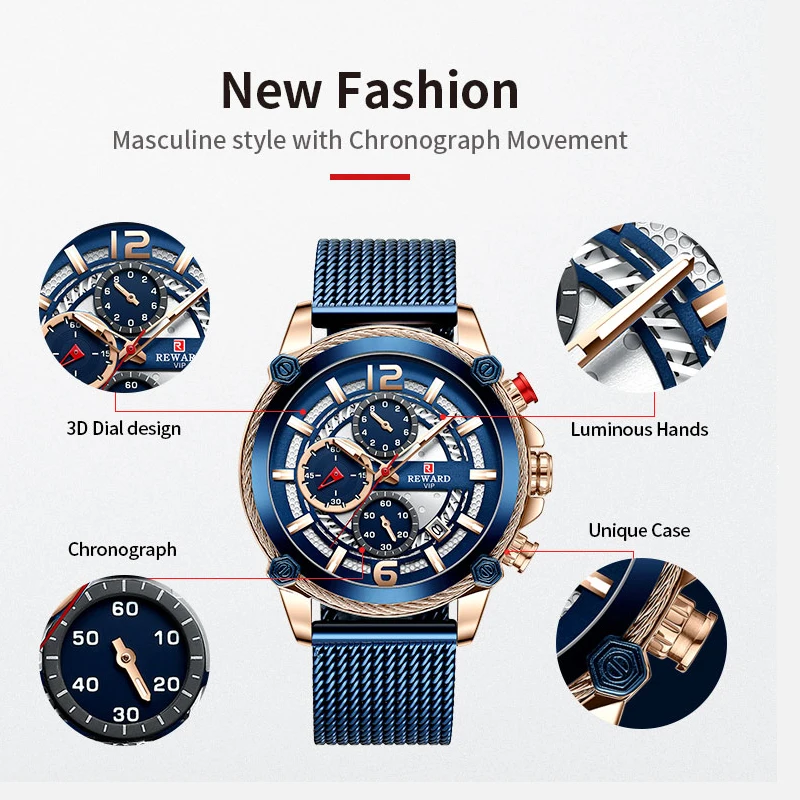 REWARD Mens Watches New Top Brand Luxury Casual Quartz Men Watch Sport Waterproof Full Steel Chronograph Man Military Clock