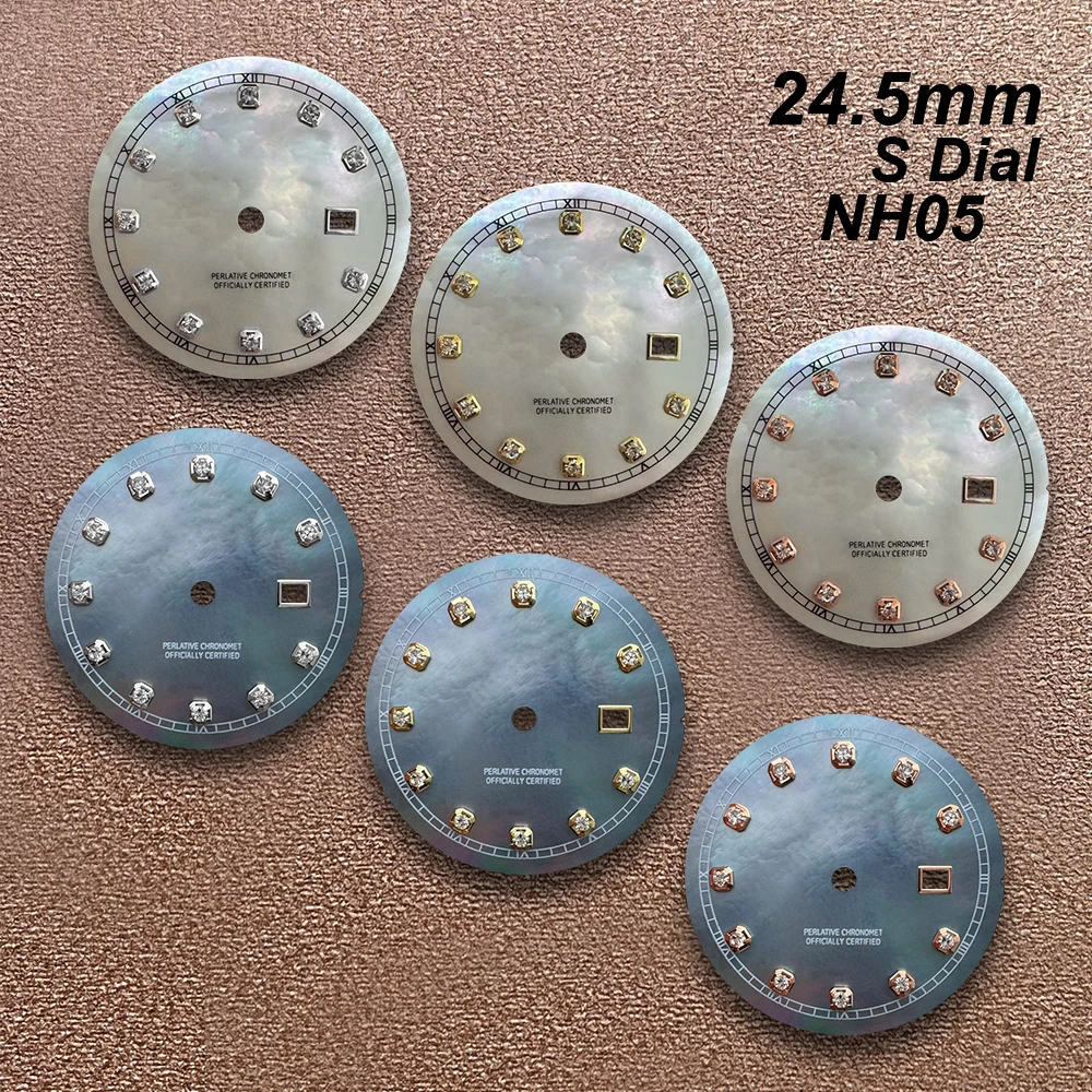 24.5mm S Logo Diamond Dial Suitable For NH05 Japan Movement Fritillaria Quality White/Grey Watch Modification Accessories