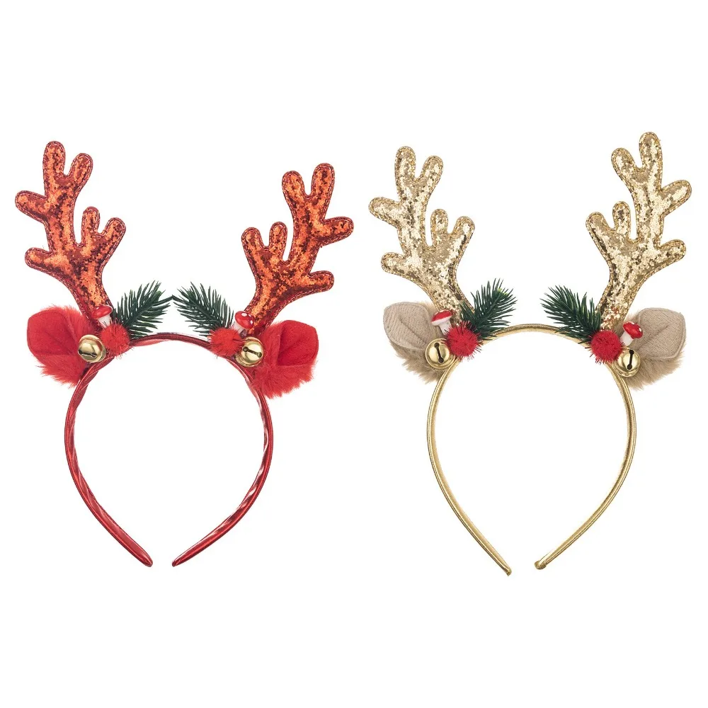 Antler Christmas Hair Hoop with Sequin Bell Deer Horn Headband Red/Gold Party Supply Xmas Antler Headband Happy New Year