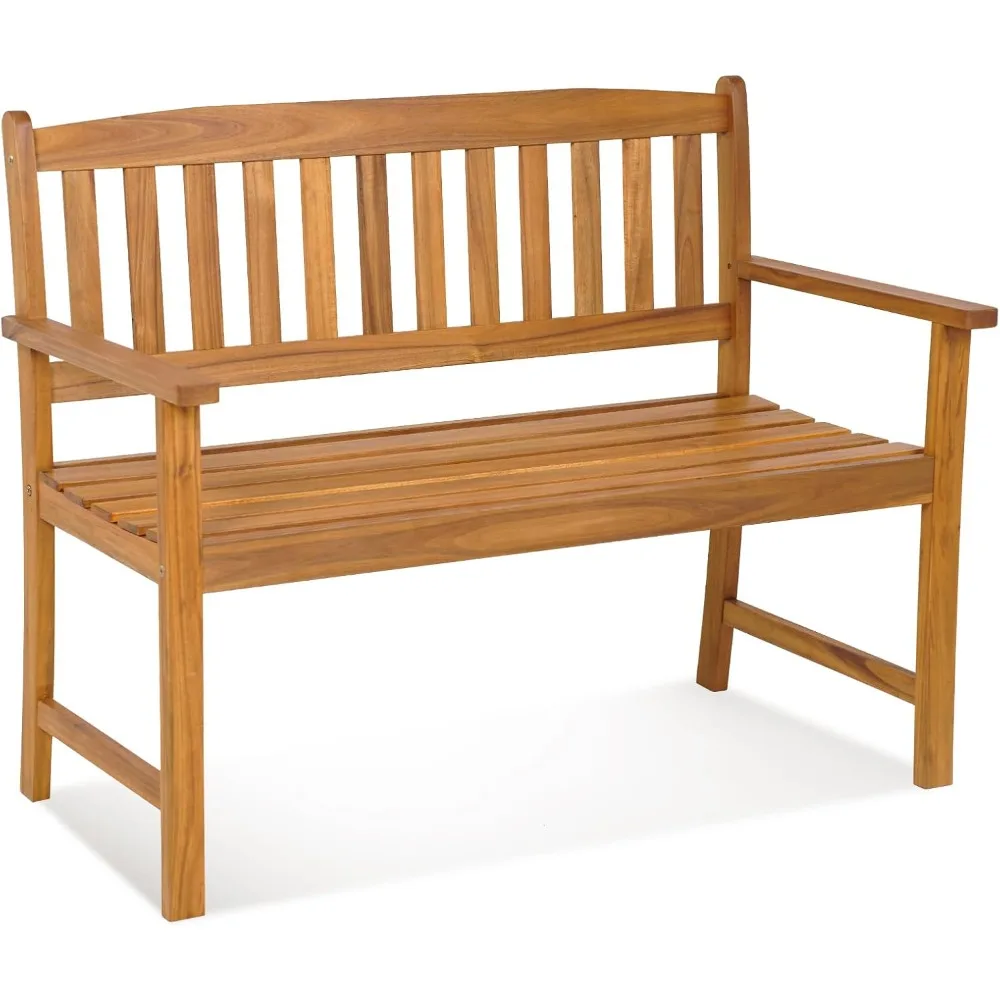 

Outdoor Acacia Wood Bench, 2-Person Garden Bench with Backrest and Armrests, Garden Bench with Slatted Seat for Porch