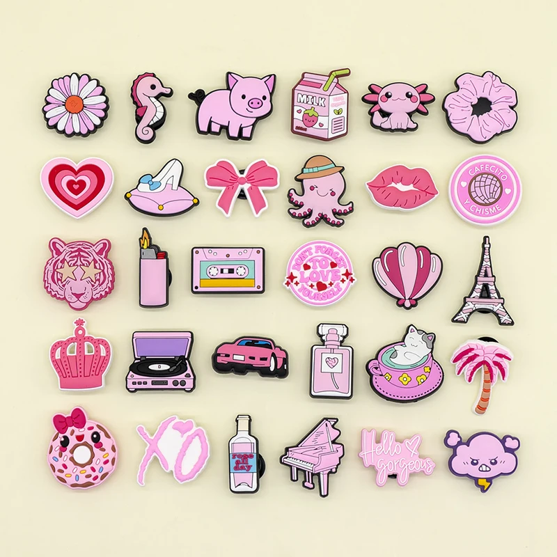1-30PCS Cute Pink Girl Style Shoe Charms,Animal Heart Crown Pin Accessories for Sandals,Flower Lightning Shoe Clogs Decoration
