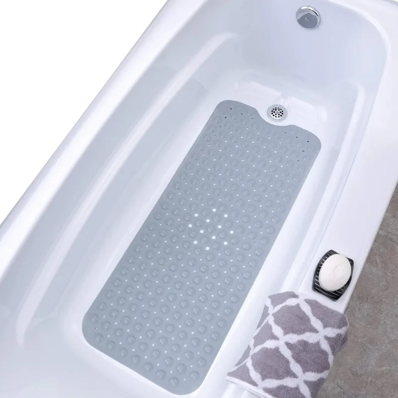 Extra Long Bath Tub 39x16, Wet Floor Non-Slip, 30% Longer Bathtub Mats, 200 Suction Cups, Drain Holes, Machine Wash, Gray