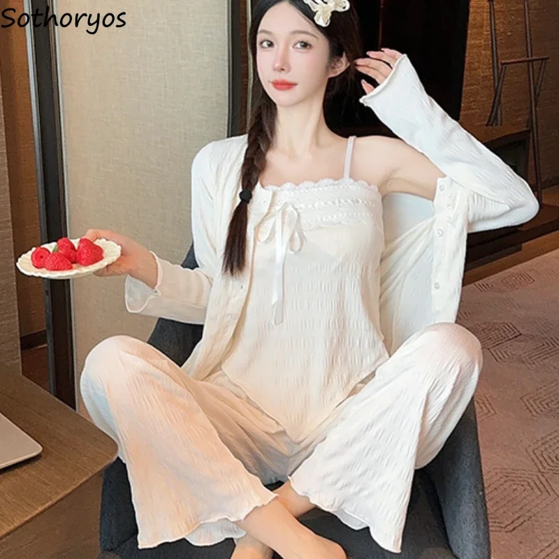 

Pajama Sets Women Gentle Solid 3 Pcs Sleepwear Casual Home Korean Fashion Spring Autumn Lounge Padded Soft Pijama Mujer