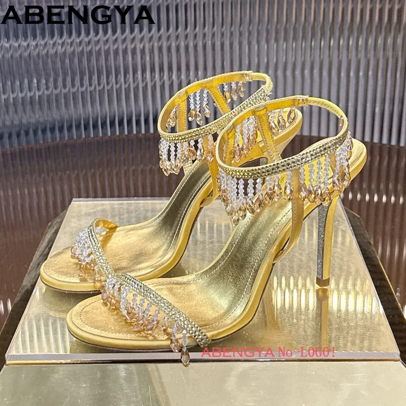 

2026 New High Heels Sandals Women Crystal Tassel Ankle Strap Wedding Shoes For Woman Summer Gladiator Sandals Woman Mujer