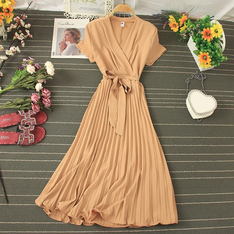 Summer Retro Chiffon Pleated Dress 2021 Women Elegant V-neck Short Sleeve Party Dress Slim Sexy Lace Up Pleated A-line Dress