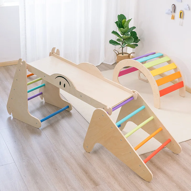 Children's wooden climbing frame Baby sensory integration training equipment Household indoor slide combination Small