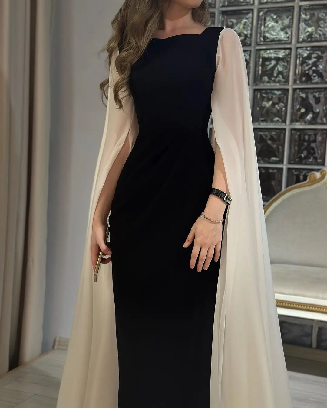 PuTao Black Vestidos Prom Dresses Saudi Arabia Women Wear Long Sleeves Evening Party Contrast Color Wedding Guest Dress