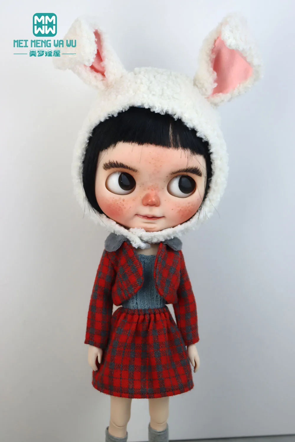 Blyth Doll Clothes Fashion Checked coat with fur collar for Azone OBitsu FR Toys gift