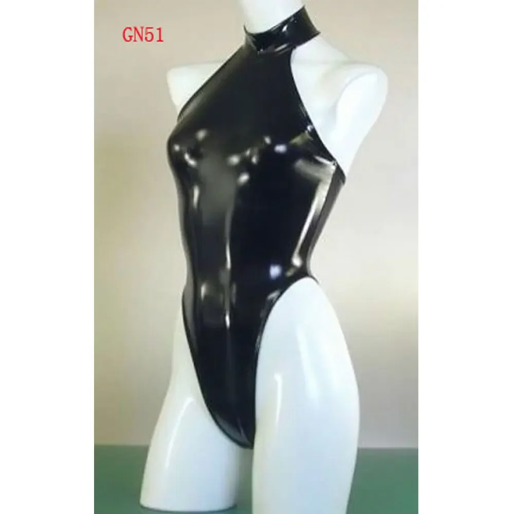 Sexy High Cut Swimsuit High Neck Halter Bodysuit Black One Piece Swimwear Body Suit Latex Catsuit Sexy Night Club Dance Wear