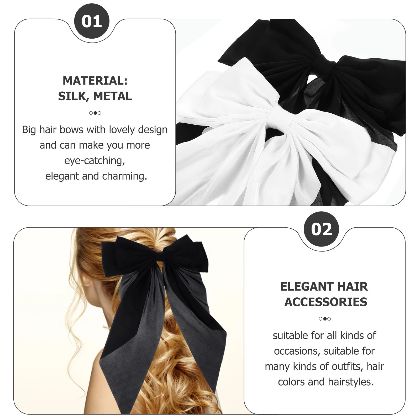 

2pcs Big Hair Bows Black Girls Women Accessories Teen Ribbons Hairstyles Long Thin Hair Barrettes Ponytail Clip Set