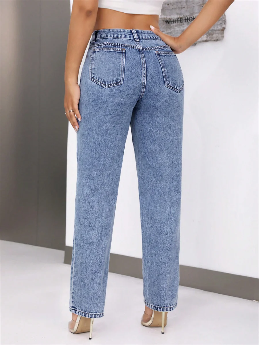 Benuynffy Vintage Blue Mid Waisted Jeans Women's American Casual Mom Pants Streetwear Fashion Denim Straight Long Trousers