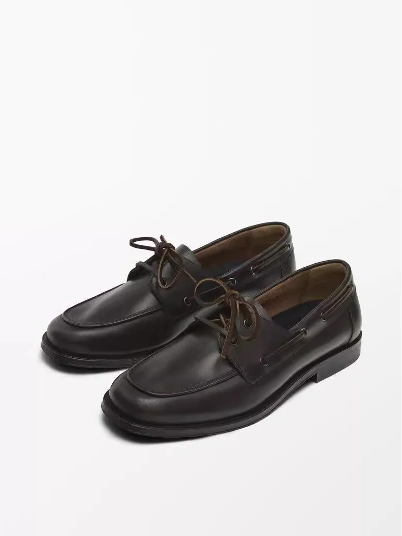 2025 New Brown Genuine Leather Loafer Men's British Style Lace Up Square Toe Boat Shoes Cowhide Casual Business Shoes