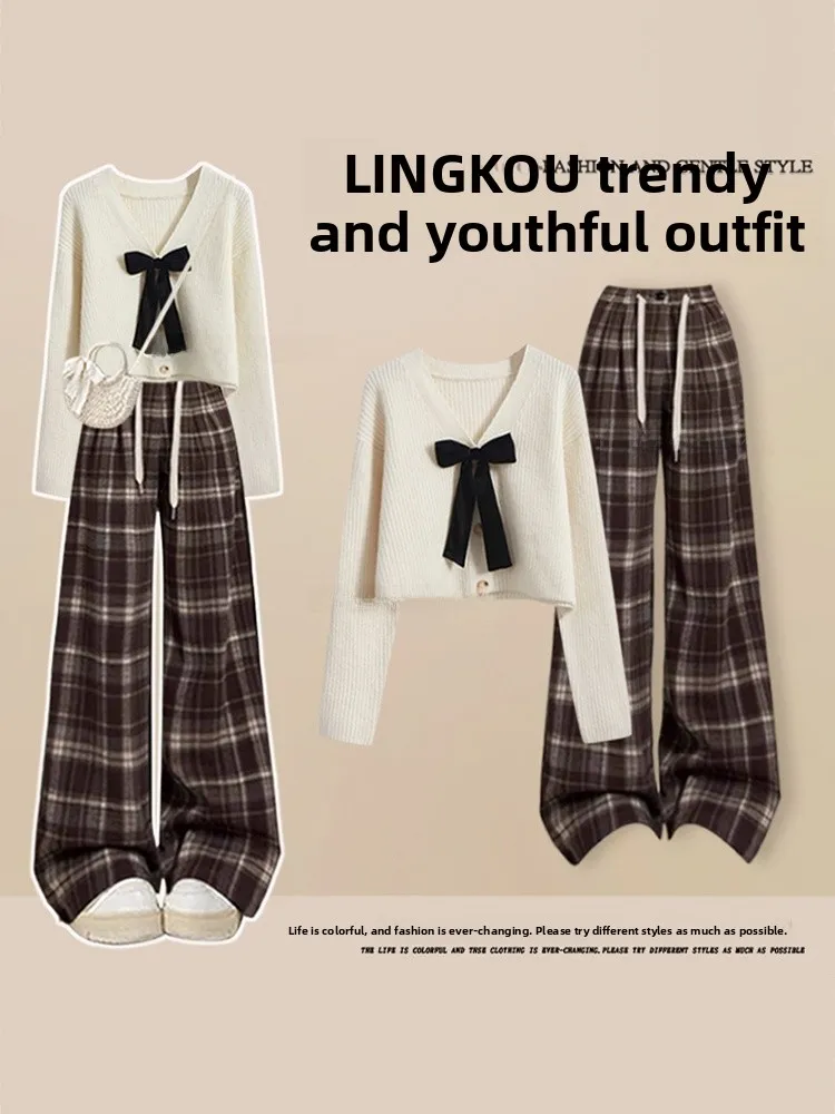 Anti-Aging Large Size Autumnal Outfit Women's Knitted Sweater with Bow Design And Slimming Effect Casual Plaid Pants Two-Piec...