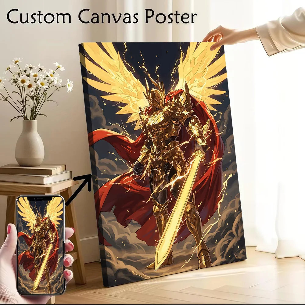 Golden Angelic Warrior With Sword Canvas Poster Customizable Printed Canvas Painting Wall Art for Fans Modern Home Decoration
