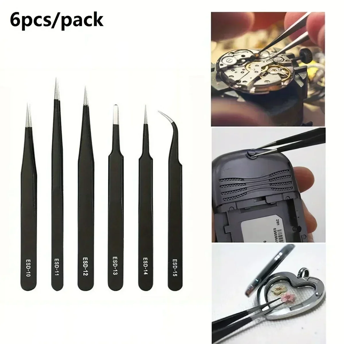 Precision ESD Anti-static Tweezers Set -6-pc Stainless Steel Tool For Electronic Repair And Process Modeling, Bending 2025