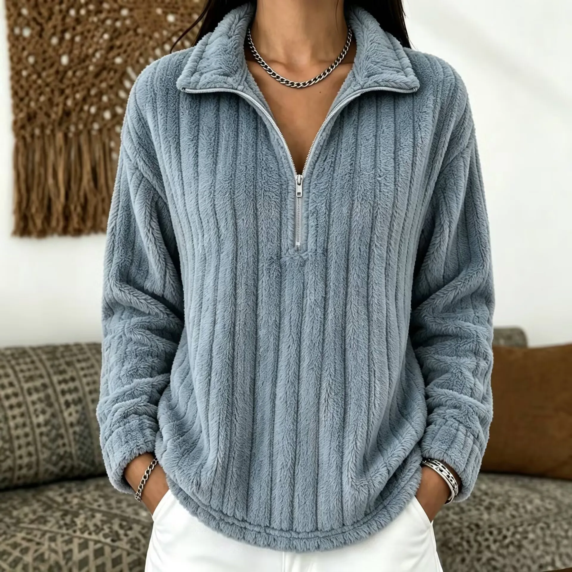Women's Autumn Winter Turn Collar Ribbed Fleece-lined Warm Zip-up Long-sleeved Sweatshirt