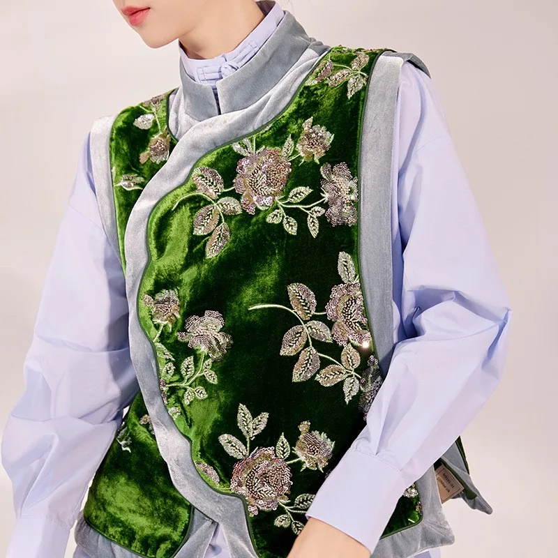 New style flower sequin waistcoat loose temperament light luxury silk blouse