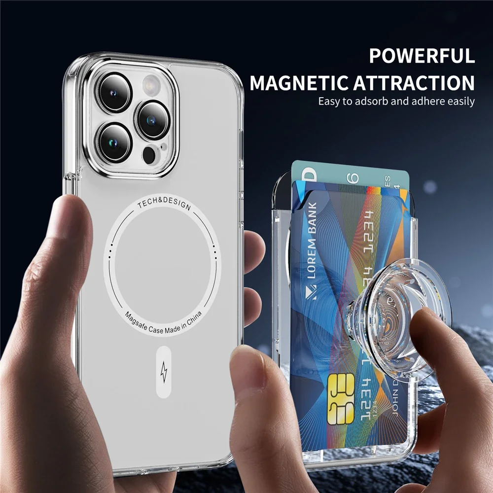 

Чехол-подставка HMagnetic Clear Card Holder для Magsafe Wallet Ring Stand Case для IPhone 1715 14 13 16 Pro Max, растягивающийся кронштейн Air-Bag, крышка