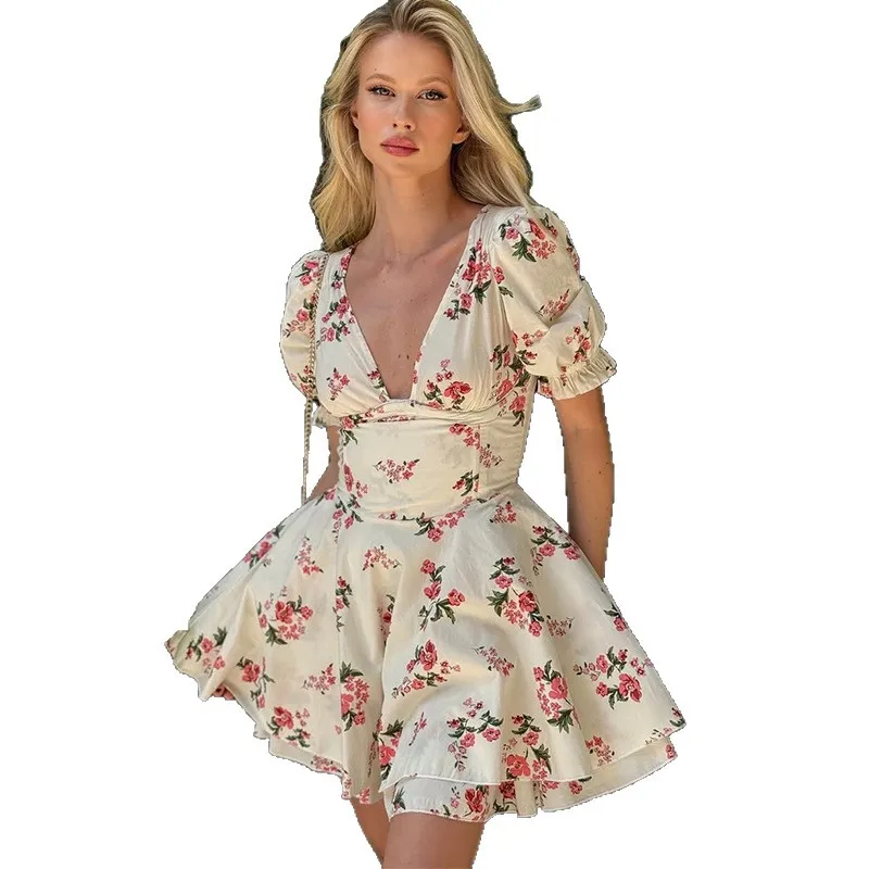 ใหม่สไตล์ยุโรปและอเมริกาฤดูร้อนสไตล์ใหม่ขนาดเล็กสดอารมณ์คอวีแขนฟองเอวสูงชุดเดรสสั้นทรงเอ