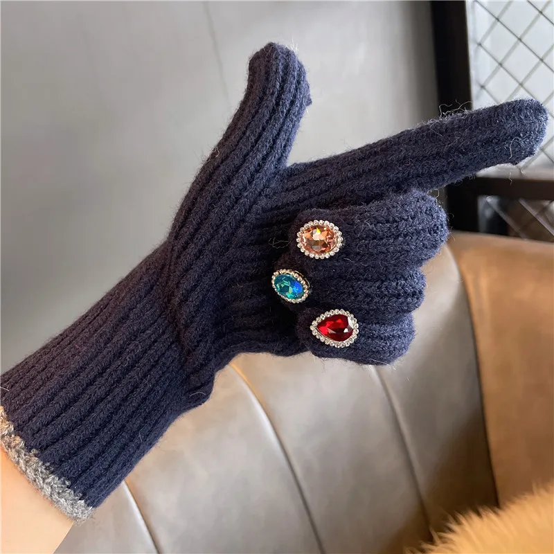 Frauen Winter Warme Gestrickte Volle Finger Handschuhe Solide Wolle Luxus Strass Mädchen Mode Touchscreen Fäustlinge Weibliche Drving – Detail 10