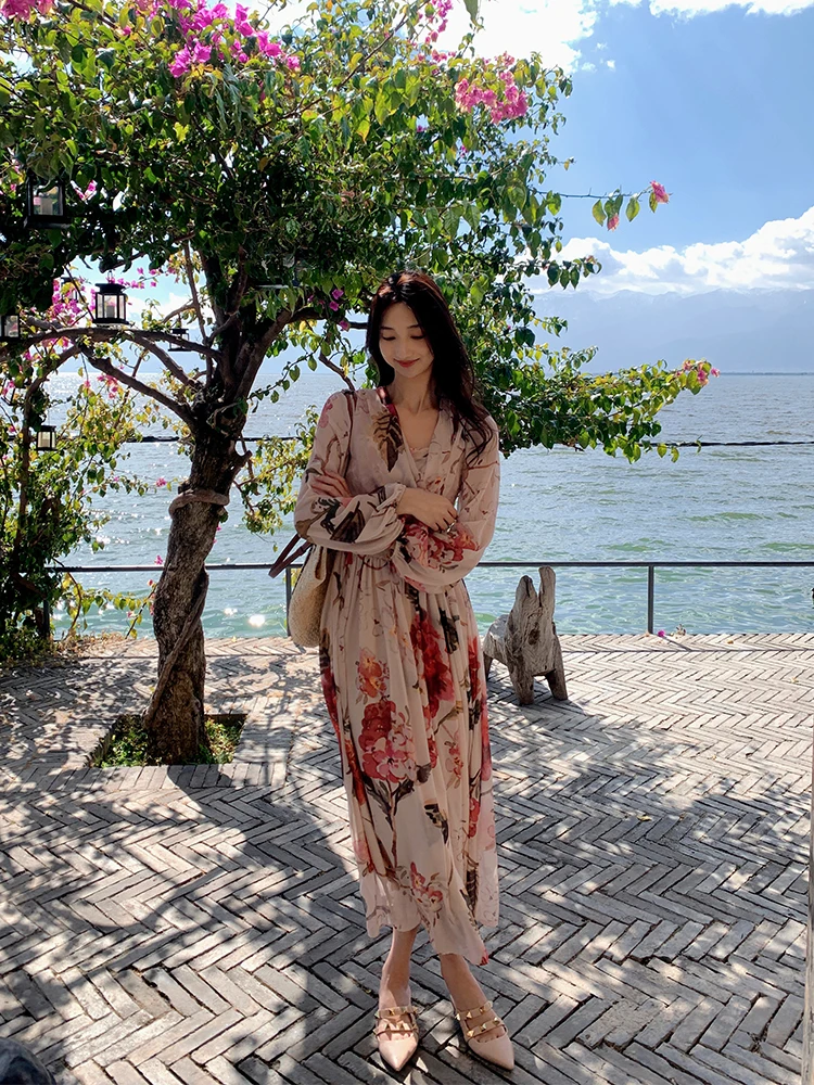 

Xinye Evening Vintage Floral Print Women's Dr Slimming Ele Versatile Long Sve High Waist A-Line Skirt Spring Autumn