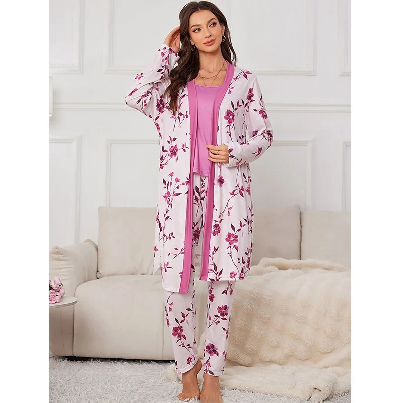 

Women's Home Spwear Tee-Piece Set Long Pants Strap Nightgown Robe Cross-Border Comfortable Breathable Summer Spwear