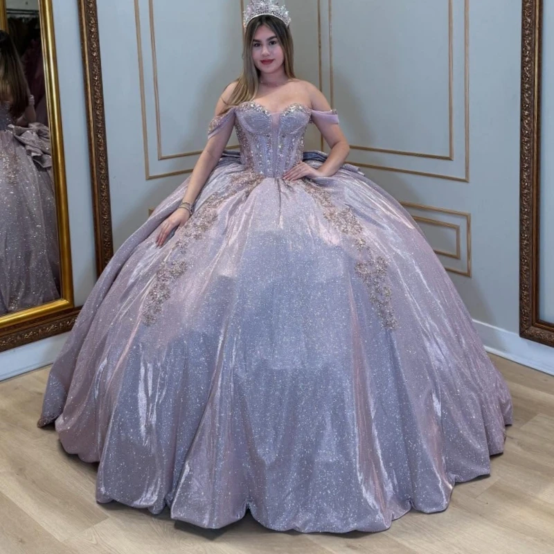 

Light Lilac Shiny Quinceanera Dresses Ball Gown Off The Shoulder Applique Lace Beads Bow Tull Corset Party Birthday Sweet 16