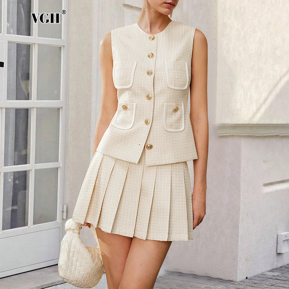 

VGH Elegant Grid Print Two Piece Sets For Women Round Neck Sleeveless Spliced Button Top High Waist Folds Skirt Chic Set Female