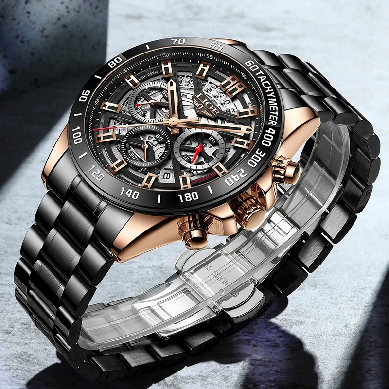 LIGE Men Watch Top Brand Luxury Sports Quartz Mens Watches Full Steel Waterproof Chronograph Wristwatch Men Relogio Masculino