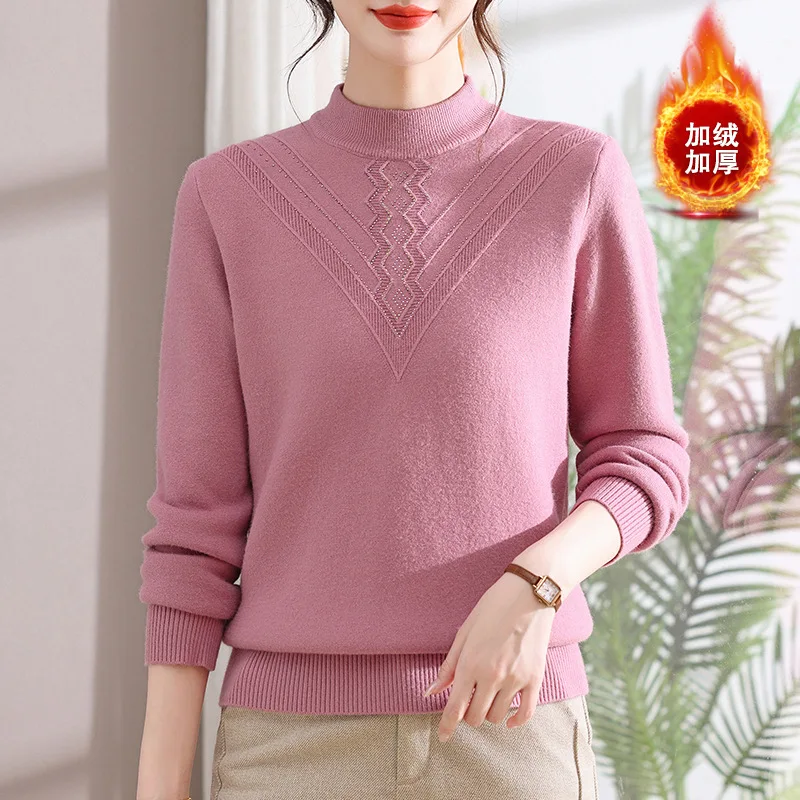 두꺼운 벨벳 따뜻한 여성 의류 플리스 니트웨어 겨울 옷 여성 터틀넥 중년 어머니 스웨터 탑스 풀 펨므