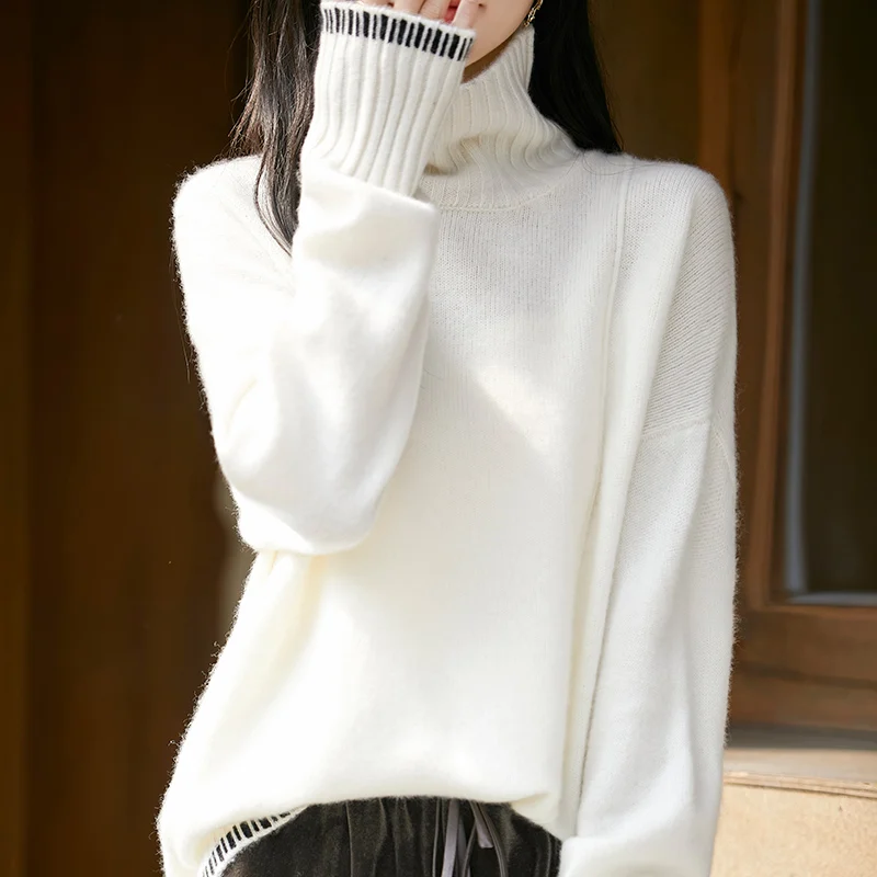 

New pullover sweater women's high neck sweater 100% beautiful slave wool knitted loose warm long sleeved women's wool sweater