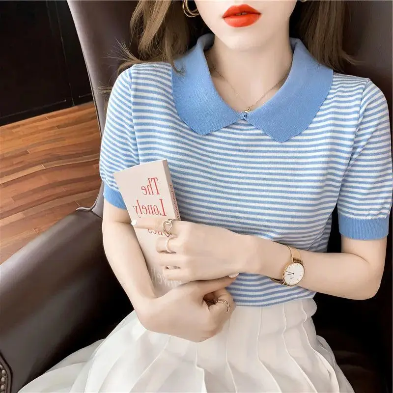 Basic Striped Patchwork Polo-Neck Shirt Loose Korean Striped Female Clothing Casual Short Sleeve Summer Stylish Knitted Blouse