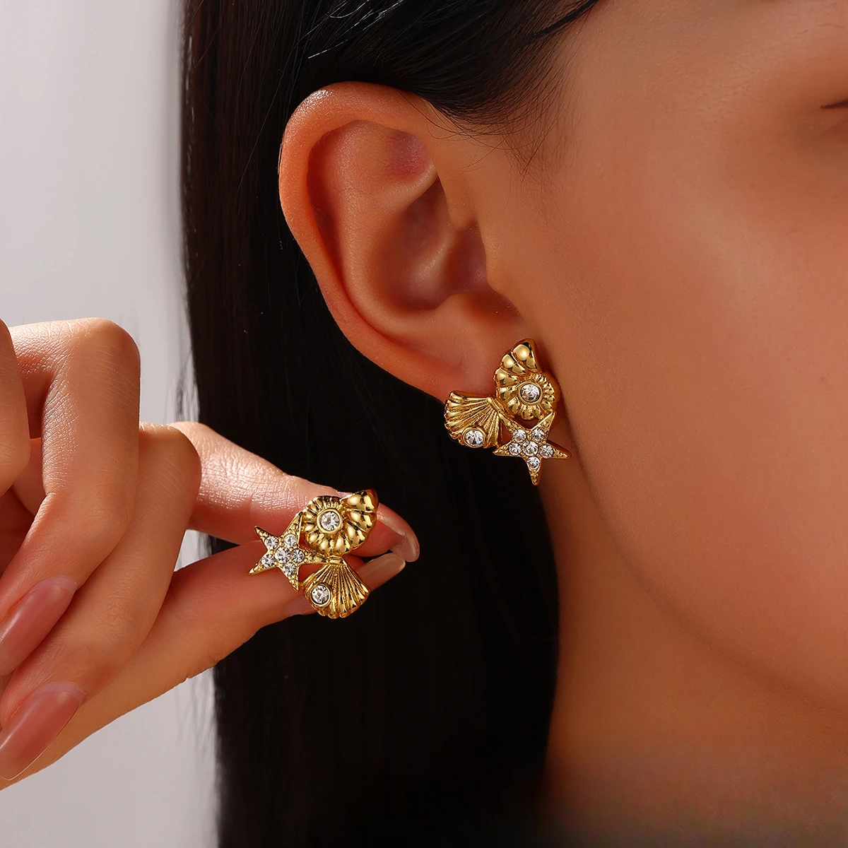 Ocean Elements Gold Color Adorned with Zircon Star Conch Earrings UNISEX Leisure Daily Seaside Vacation Party Jewelry Earrings