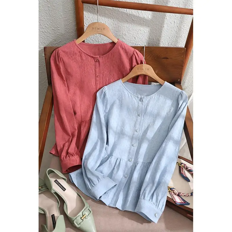 Spring Summer Clothes Vintage Crew Neck Patchwork Button Women Blouse Simplicity Solid Color Long Sleeve Waist Retraction Shirt