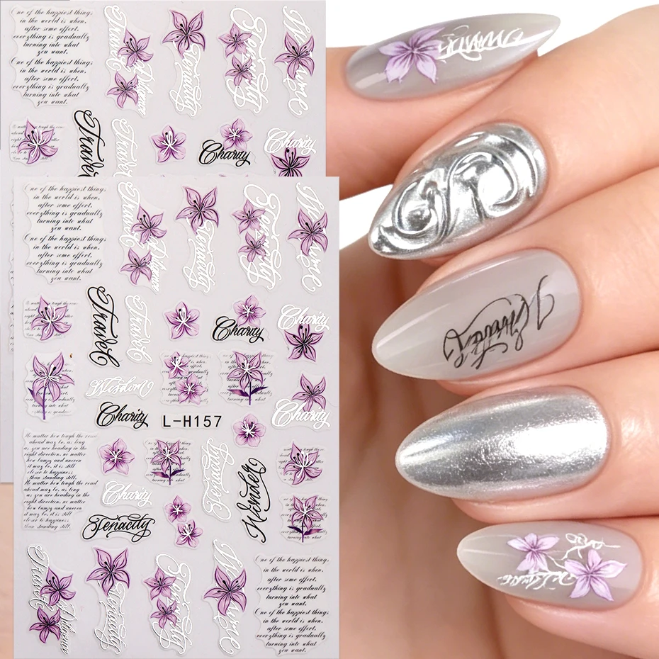 Lila Blumen-Nagelkunst-Aufkleber mit englischer Schrift, kursiver Schrift, Garten-Nagelaufkleber, selbstklebende Slider, DIY-Nagelzubehör